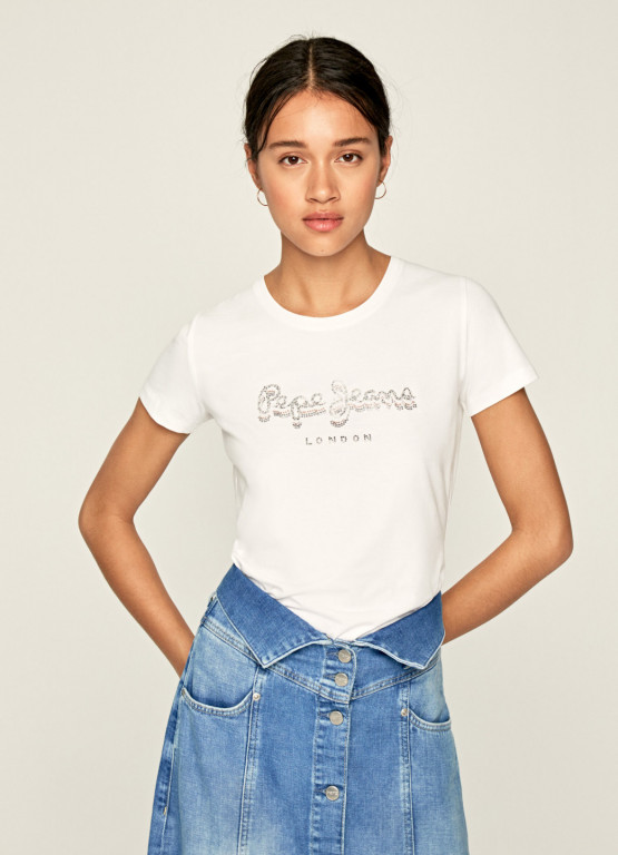 Pepe Jeans dámské bílé tričko s kamínky Beatrice č.1