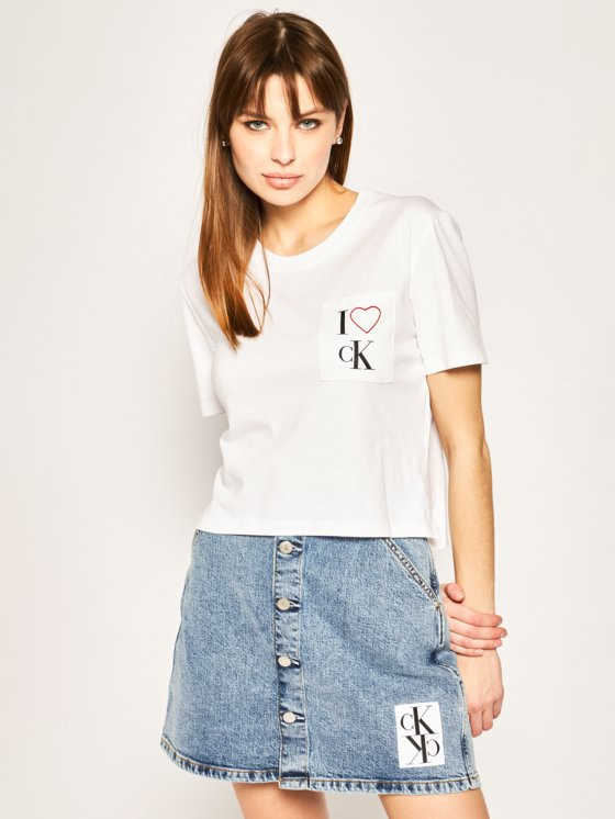 Calvin Klein dámské bílé tričko s kapsičkou I LOVE CK POCKED CROPPED TEE č.1