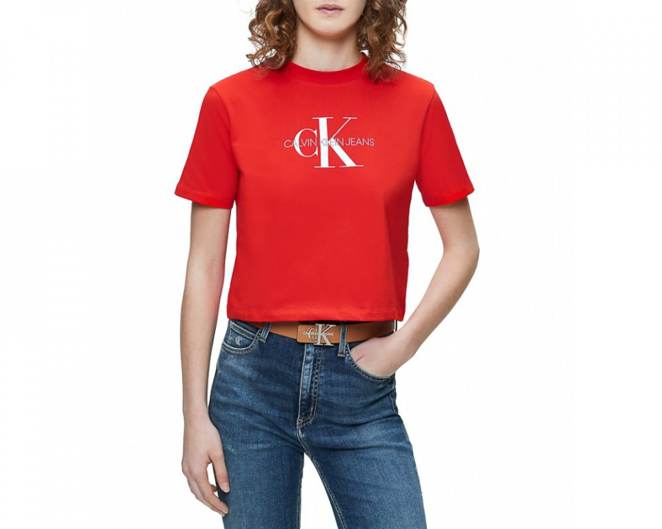 Calvin Klein dámské červené tričko MONOGRAM MODERN STRAIGHT CROP č.1