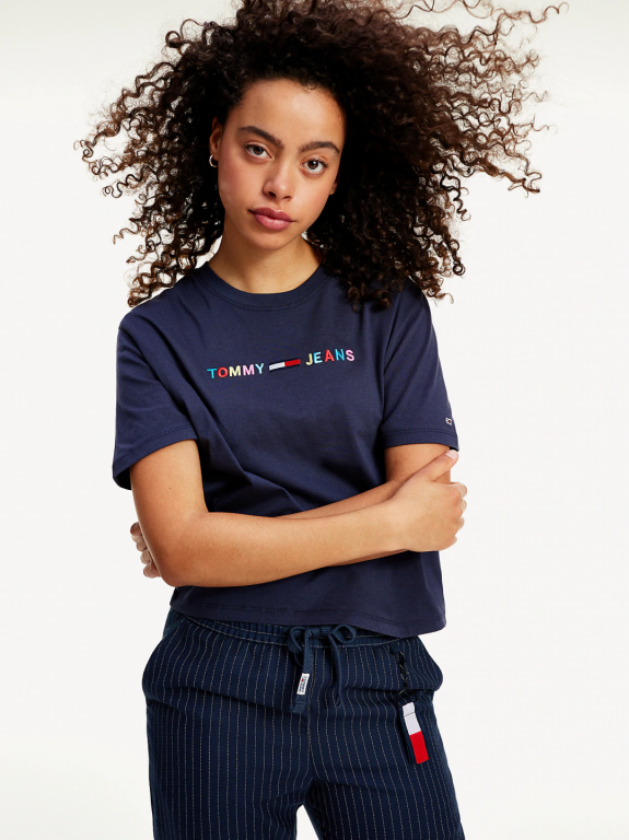 Tommy Jeans dámské tmavé modré tričko TJW COLORED LINEAR LOGO TEE č.1