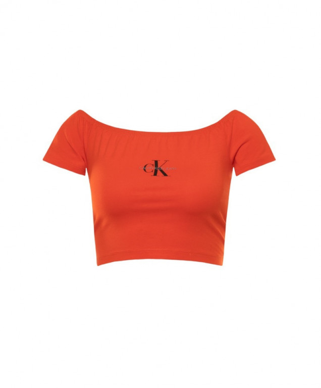 Calvin Klein dámský červený top SS MONOGRAM LOGO BARDOT TOP č.1