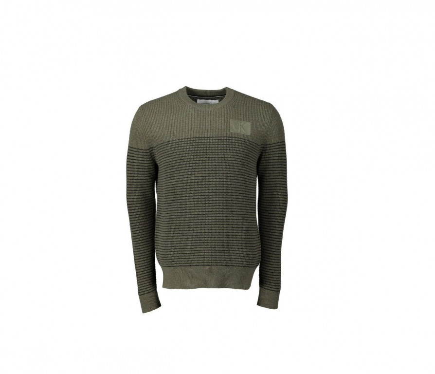 Calvin Klein pánský khaki svetr TEXTURED STRIPED CN SWEATER č.1