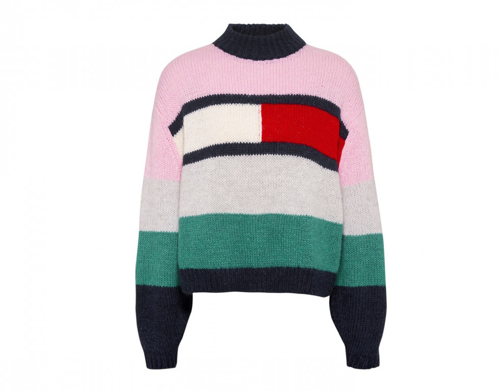 Tommy Jeans dámský růžový/multicolor svetr TJW BELL SLEEVE FLAG SWEATER č.1