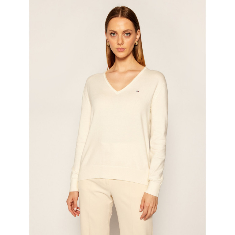 Tommy Jeans dámský bílý svetr TJW SOFT TOUCH V-NECK SWEATER č.1