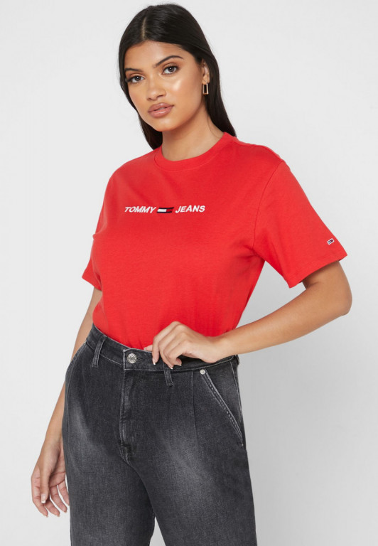 Tommy Jeans dámské červené tričko TJW MODERN LINEAR LOGO TEE č.1