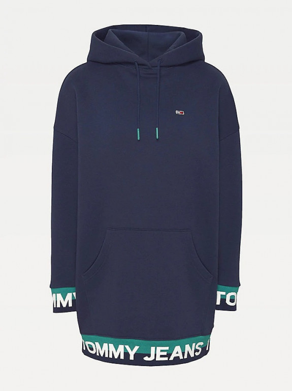 Tommy Jeans dámská tmavě modrá dlouhá mikina s kapucí TJW BRANDED HEM SWEAT DRESS č.1