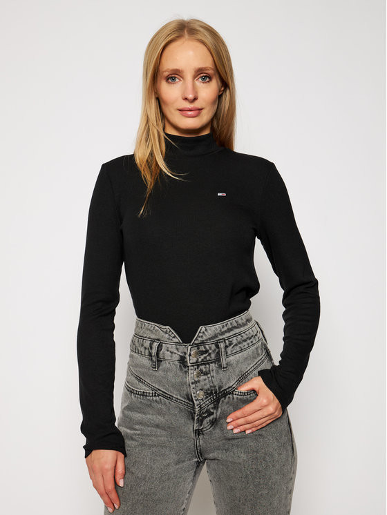 Tommy Jeans dámské černé triko s vysokým límcem TJW RIB MOCK NECK LONGSLEEVE č.1