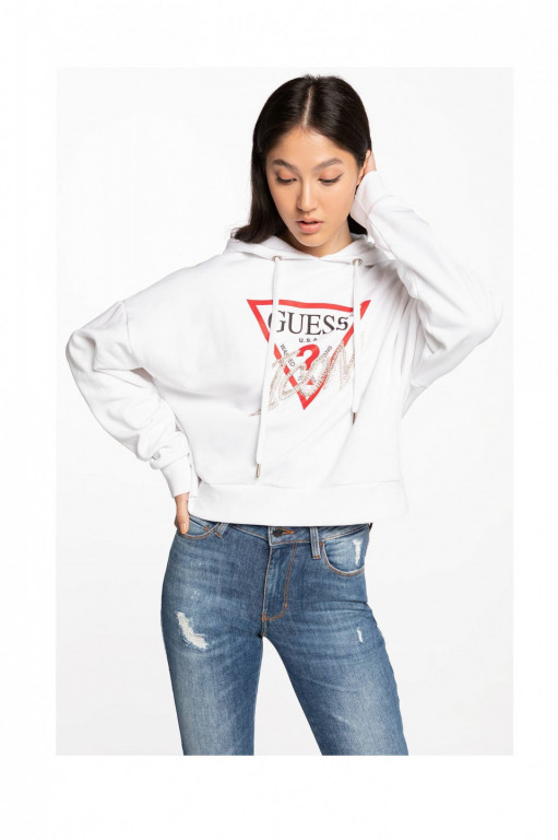 GUESS dámská bílá mikina s kapucí a kamínky HOODY ICON FLEECE č.1