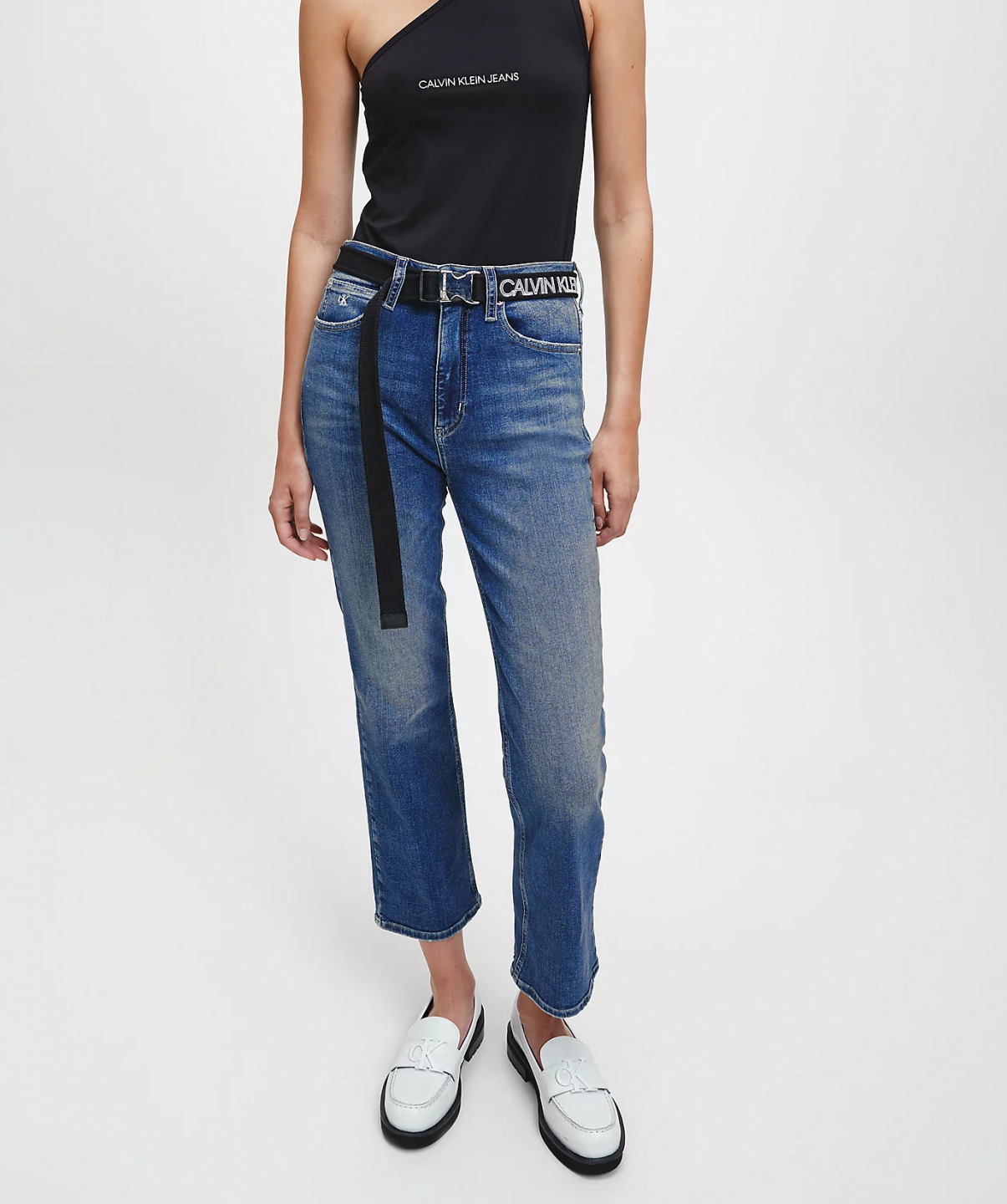 Calvin Klein dámské modré denim džíny HIGH RISE FLARE ANKLE 