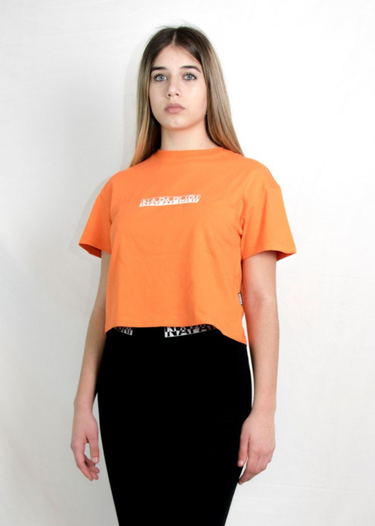 Napapijri dámské oranžové krátké tričko s nápisem S-BOX č.1
