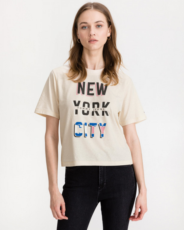 Tommy Jeans dámské béžové tričko TJW BXY CROP NEW YORK CITY č.1