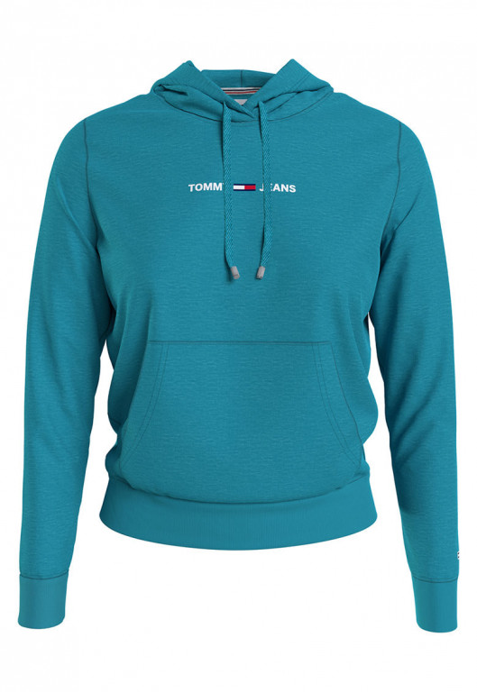 Tommy Jeans dámská tyrkysová mikina s kapucí TJW LINEAR LOGO HOODIE č.1
